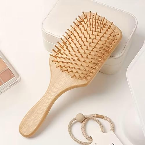 Spazzola per capelli in bambù naturale, spazzola piatta in bambù con setole in legno, antistatica, districante, 24,5 x 8,5 cm