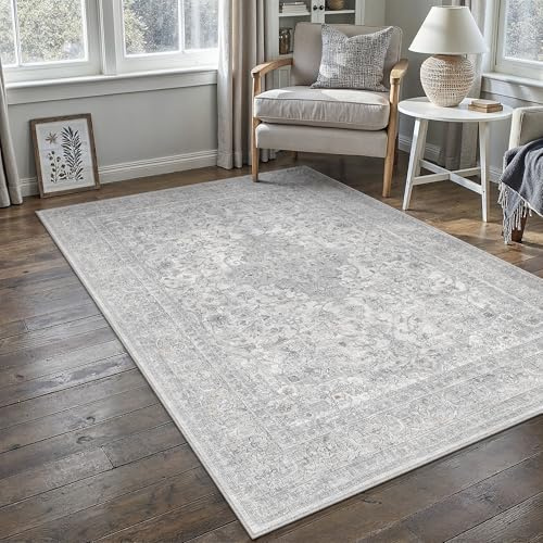 PureCozy Vintage Waschbarer Grau Teppich Wohnzimmer 120x170cm Teppiche | Weich Kurzflor Groß Carpet, Rutschfest, Leicht, Schlafzimmer, Esszimmer, Büro, Kinderzimmer