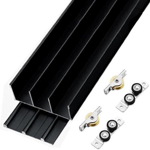 Schiebetürschienen-Set for Schränke, dreigleisige Schiebetüren for Kleiderschränke, Schränke, Raumteiler, Schiebetüren mit Holzpaneelen, mit Rollen(Black,102.4in)