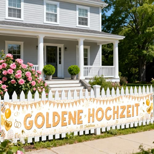 Tasoraor Goldene Hochzeit Deko Banner - Gold 50 Hochzeitstag Dekoration Lange Gartenbanner 274 x 37 cm, Stoff Hängedeko Hintergrund für 50. Jubiläum Partydeko