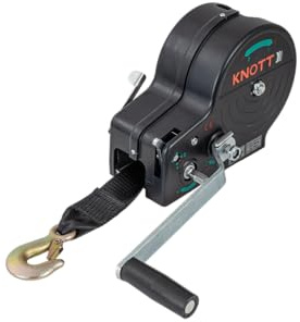 KNOTT Cabrestante Manual de Cinta 900 kg para Remolque Náutico y Plataforma, con Correa de 7 m y 50 mm de Ancho, Dos Velocidades 4:1 y 8:1 con Carcasa Protectora