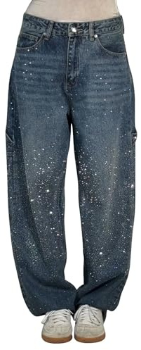 Leaomuny Jeans con Brillantini Donna Larghi Vita Alta Trousers Taglie Forti Women Gamba Larga Pantaloni Palazzo alla Caviglia Comodi Eleganti in Denim Y2k con Tasche alla Moda Streetwear