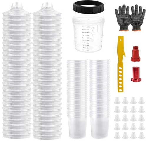 KCNKCN Gobelets à peinture jetables, système de peinture pour pistolets à peinture HVLP et LVLP, 600 ml, lot de 50 gobelets et couvercles, 1 gobelet rigide avec anneau de maintien et 20 bouchons de