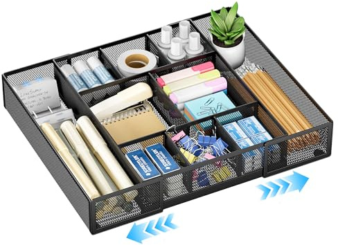 VITVITI Organisateur Tiroir Extensible en Maille, Longueur Ajustable de 23,3 cm à 43,5cm avec 10 Compartiments, Plateau de Rangement Tiroir pour Papeterie, Stylos et Outils, Maison et Bureau, Noir
