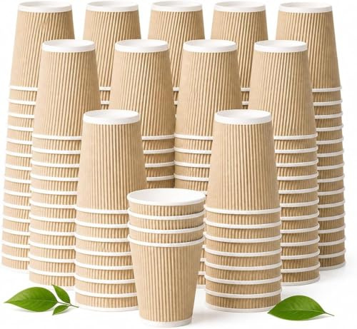 STL 500 Ripple Brown Kraft Paper Cups - Strong Disposable Insulated Coffee Cups - Best for Office use, Bundle Leak-Proof Recyclable Drinking Cups for Hot Drinks, Tea, Coffee and Beverages (12, ounces)