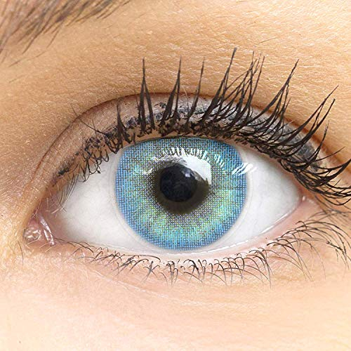 GLAMLENS Lenti a contatto colorate Jasmin Blue - azzurre - mensili - con porta lenti a contatto -blu naturali in silicone idrogel - 2 pezzi - DIA 14.0 - senza correzione 0.00 diottrie lente a contatto