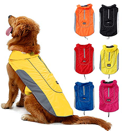 TFENG Reflektierend Hundejacke Brust 74-96cm, Rückenlänge 61cm Wasserdicht Hundemantel Warm gepolstert Puffer Weste Welpen Regenmantel mit Fleece (Größe 3XL, Gelb)