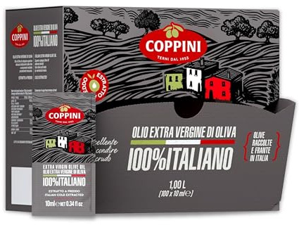 Olio extra vergine di oliva Coppini 100% Italiano estratto a freddo in bustine monodose 10 ML - 1 dispenser x 100 bustine