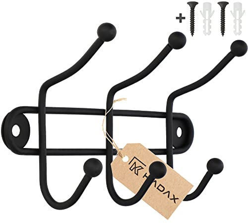 KADAX Wandgarderobe, Garderobenhaken, Hakenleiste, Doppelhaken, Kleiderhaken, Garderobenleiste, Wandhaken aus Stahl, Bademantelhaken, Handtuchhaken, matt, schwarz (3 Haken)
