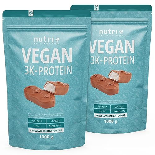 Nutri + Proteinpulver Vegan Chocolate Coconut 2 kg - 3k Eiweißshake - Veganes Eiweißpulver Schokolade Kokosnuss Protein - Proteinkomplex Schoko Kokos
