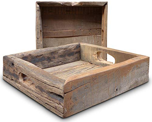 LS-LebenStil Vintage Holz Serviertablett Dehli 30x30cm - Echt-Holz Fundholz Rustikal - Tragegriffe Grifftablett - Betttisch Betttablett Holzteller Getränke-Tablett Snacktablett Frühstückstablett