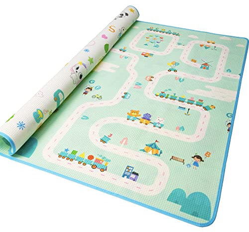 Alea Baby® Tappeto Neonato Gattonamento Ripiegabile (con borsetta) Gioco e Divertimento Bambini con tanti Colori - Certificato CE (Bianco/Turchese)