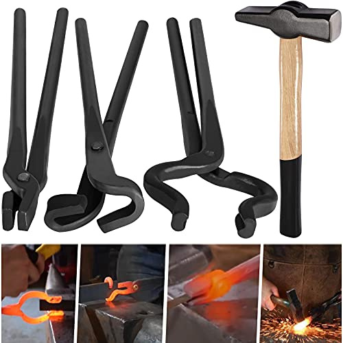Knife Making Tongs Set and Blacksmiths’ Hammer 0000811-1000 Perfect for Assembled Bladesmith Blacksmith Forge Tong Tools Set Vise Tools Anvil Hammer (4-Pieces)