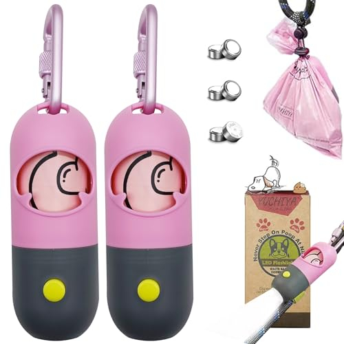 Dog Poop Bags Holder with LED Flashlight|Pet Waste Bags Dispenser for Leash|Doggie Potty Bags Container with Leak-proof Pet Trash Bags and Accessories (2 Holders 30 Bags, Pink)