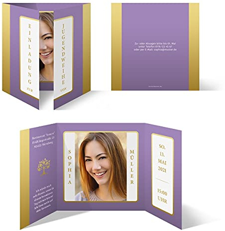 50 x Jugendweihe Einladungskarten Einladungen Altarfalz Klappkarte Quadratisch 148x148mm Text und Foto individuell - Gold-Band