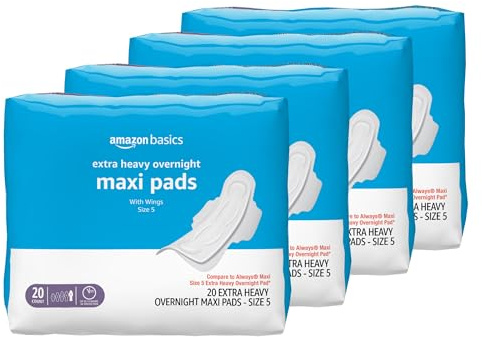 Amazon Basics Thick Maxi Pads with Wings for Periods, Feminine Pads with Leakage Protection, Extra Heavy Overnight Absorbency, Unscented, Size 5, 80 Count (4 Packs of 20) (Previously Solimo)