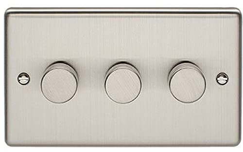 3 Gang 400W 2 Way Rotary Dimmer Switch –SATIN STEEL– Mains 240V Decorative Kitchen/Interior Wall Face Plate – Light Dimming/Dip Control Switch – Push on/off - Twist Dim