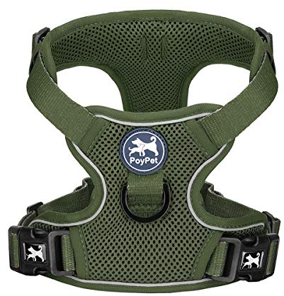 PoyPet Reflektierendes, weiches, atmungsaktives Hundegeschirr aus Mesh, erstickungsfreie, doppelt gepolsterte Weste mit verstellbarem Hals und Brust(Militärgrün,S)