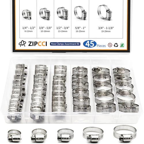 ZIPCCI Hose Clamp Assortment, 45 Pack Stainless Steel Hose Clamps Kit Worm Gear Fuel Line Pipe Clamps (1/4 in to 1-1/8 in)