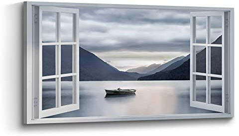 the stream design Lake Window View Wall Art: Nature Canvas Picture Calming Landscape Print Living Room Bedroom Boat Mountain Scenery Painting Decor Horizontal Yosemite Artwork for Home Office