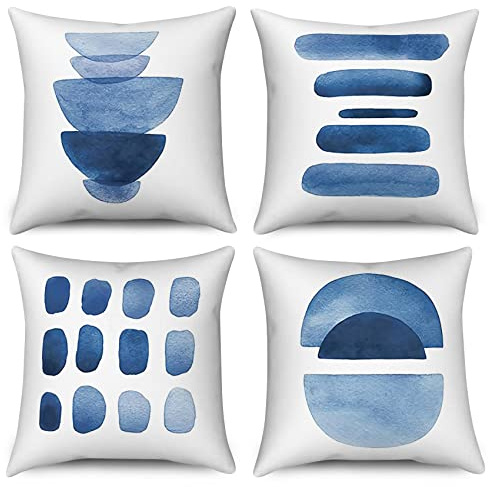 Hnmdmyi Copricuscino blu 45x45 Set di 4, Boho Astratto Blu Navy Geometrico Decorativo Copricuscini Minimalista Arte Moderna Estetica Lino Copricuscino per Divano Letto Esterno Home Decor