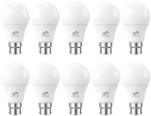 LOEODO B22 Bayonet Light Bulb 9W=60W, Warm White 2700K, 806LM, Pack of 10 | BC A60 LED Bulb, GLS Energy Saving Lightbulbs, Non-Dimmable, No Flicker