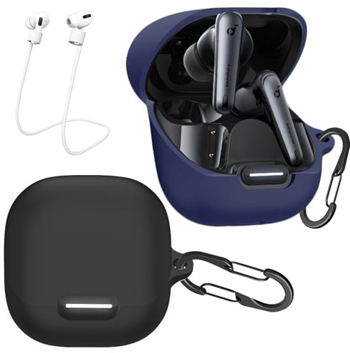 [2-Pack] easyBee Hülle Kompatibel mit Soundcore Liberty 4 NC, mit 2 Karabiner 2 Anti-Verlust-Gurte, Flüssiges Silikon Case Ultradünn Stoßfest Schutzhülle Kopfhörer Tasche - Schwarz Blau