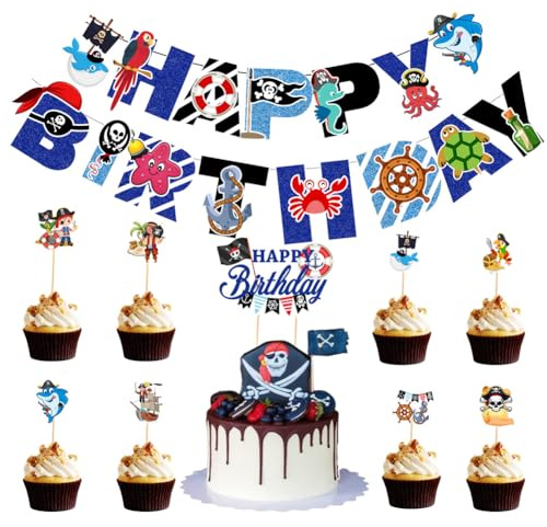Piraten-Party-Dekorationsset, Happy Birthday Piraten-Themen-Partyzubehör beinhaltet Piraten-Hai-Happy Birthday-Banner, Kuchen-Cupcake-Topper für Kinder, Jungen, Erwachsene, Geburtstagsparty-Zubehör