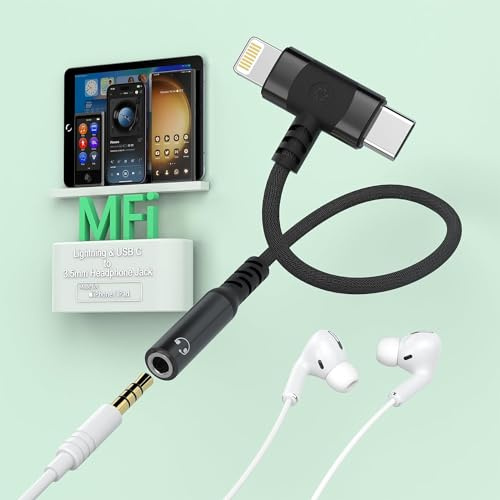 Lightning USB C auf 3.5mm Kopfhörer Klinke Adapter 2 in 1,[MFi Zertifiziert] iPhone Aux Audio Adapter USB C auf 3.5mm Klinke für iPhone 15/14/Samsung Galaxy