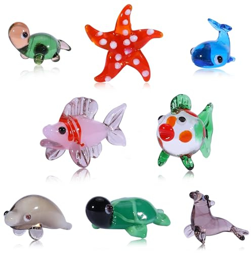 WEWAYSMILE 8 pcs Crystal Figurines Collectibles, Miniature Hand Blown Art, Hand Blown Painted Glass Art, Hand Blown Miniature for Table Ornaments Home Decor (Marine Animals)