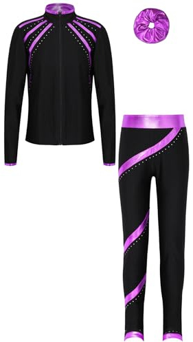 YiZYiF Kinder Mädchen Eiskunstlauf Anzug Set Glitzer Strass Jacke Hose Und Haargummi 3er Set Eislaufen Tanzkleidung Performance Sport Trainingsoutfit Violett 134-140