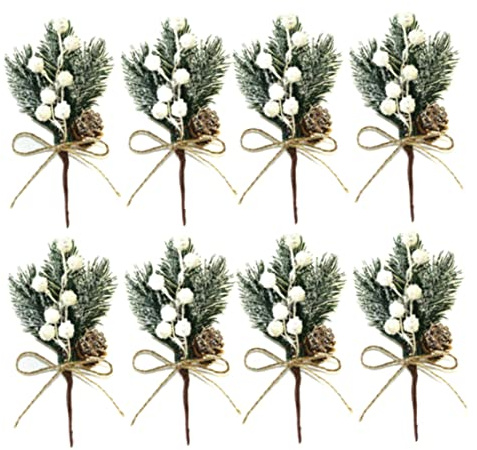 Jorzer Ramas de Pino Artificiales Bayas de Navidad Piñas Ramas de Pino Artificiales Tallo de Acebo Guirnalda navideña Decoración Blanca 8 pcs