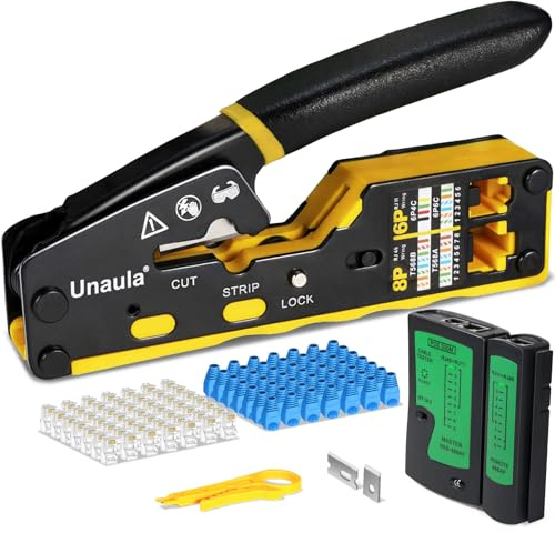 Kit de herramientas de crimpado RJ45, crimpadora de paso Ethernet, kit de reparación de herramientas de crimpado de red Cat5 Cat5e Cat6, incluye probador de cables, mini pelacables, cuchillas, 50