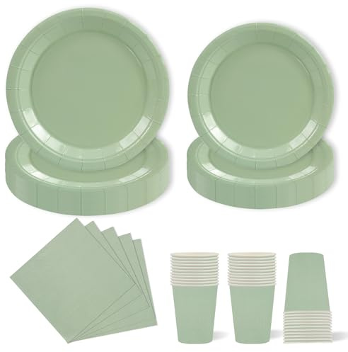 HFBOBP 96 Stück Grasgrün Partygeschirr Set，Party Pappteller Becher Servietten Partyteller Partyset Süße Party, für Feste und Feiern wie Geburtstag
