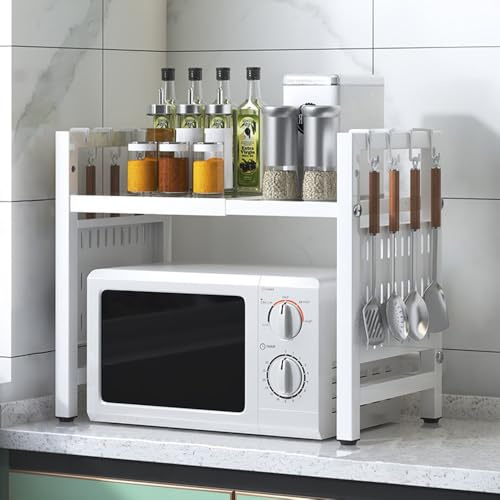 BELIFEGLORY Expandable Microwave Oven Rack, Kitchen Countertop Over Microwave Stand Shelf Unit, Kitchen Worktop Organiser for Air Fryer, Space Saving Standing Baker's Racks (White / 2-Tier)