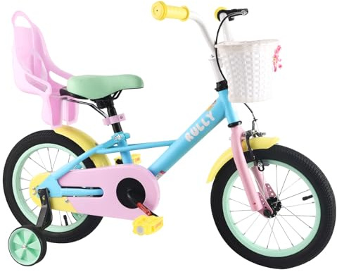 RULLY 12 tums barncykel för flickor 2–4 år (33–41 cm) – barncykel med stödhjul, docksits, korg och regnbågsstil.