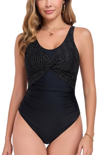 OAMENXI Dam baddräkt magkontroll badkläder med retro rynkad strand monokini baddräkt, Svart, XXL