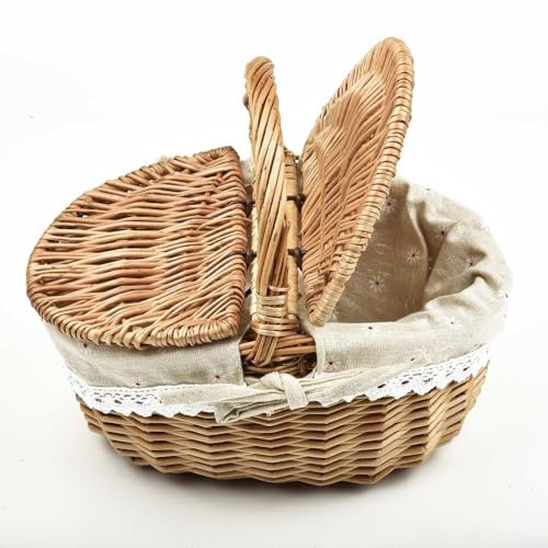 Ländlicher Picknickkorb aus Weidengeflecht, doppelter Deckel, englischer Picknick-Einkaufskorb mit rundem und bequemem Tragegriff