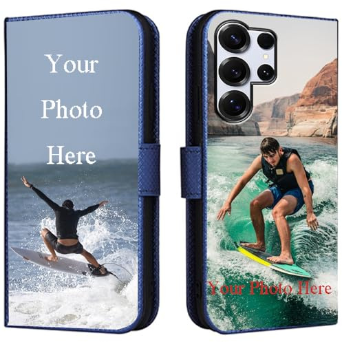 FortiCase Personalisierte Hülle für Samsung Galaxy S22 Ultra,Flip Leder Hülle Kartenfach Standfunktion Case,mit Eigenem Foto Bild Text Personalisiert Handyhülle - Blue-LN4