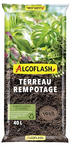 Algoflash Terreau Rempotage, Plantes Vertes et Plantes Fleuries, Utilisable en Agriculture Biologique - 40 L, Marron