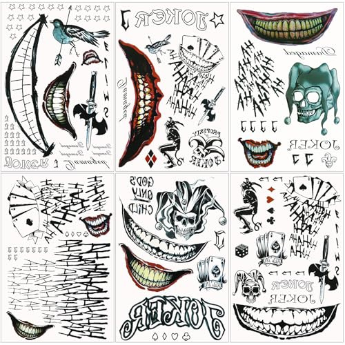 Joxessaien 6 Blatt Joker Tattoos Set – Temporäre Clown Klebetattoos für Erwachsene Damen Herren, Halloween Gesicht Tattoos Aufkleber für Cosplay Kostüm Make Up Schminke