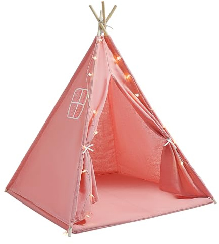 Tipi - Tente pour enfant avec tapis de sol et guirlande lumineuse - Tente de jeu pliable en coton - Pour l'intérieur et l'extérieur - 120 x 120 x 140 cm - Rose