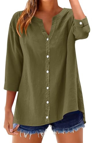 Rapbin Chemisier pour femme à manches 3/4 en coton et lin avec col en V, boutonnage, ample et décontracté avec manches retroussables, vert militaire, XL