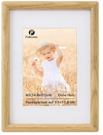 Feihorrm Bilderrahmen A5, Eichenholz Fotorahmen mit Gehärtetem Glas | Rahmen mit Passepartout für 9.5x13.8cm Foto, Bilderrahmen Holz für Wohnzimmer, Schlafzimmer, Büro, Wand & Tischbilderrahmen