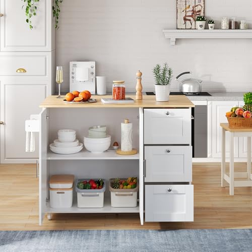 Isola da cucina, carrello da cucina, buffet, mobile da cucina, tavolo da cucina mobile, piano di lavoro in legno di quercia, pieghevole, 3 cassetti, porta asciugamani, per cucina, sala da pranzo, 135