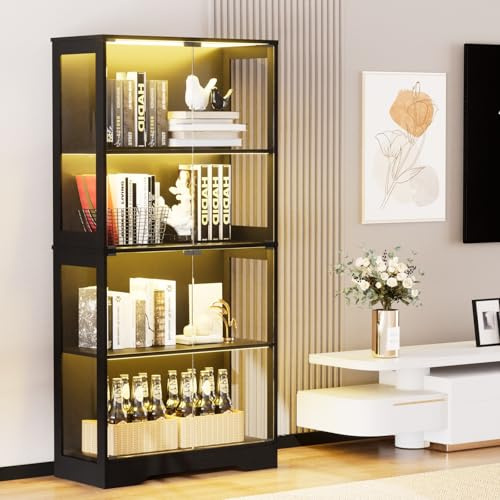KSFASHZ Vetrinetta in vetro con illuminazione LED e sensori intelligenti, vetrina a 4 livelli per collezioni, per soggiorno, camera da letto e ufficio, nero, 80 x 35 x 165 cm