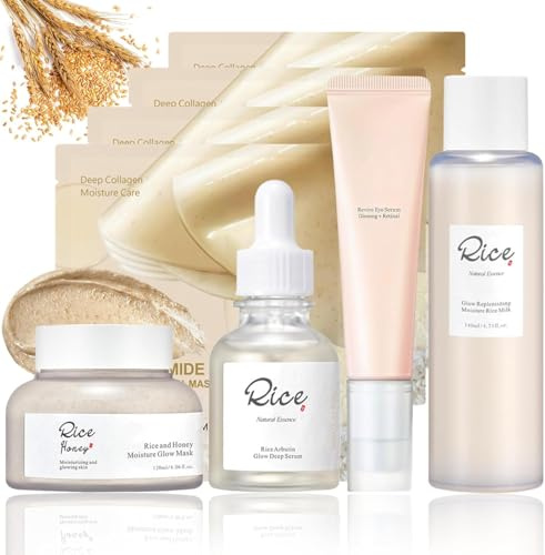 Reis Skincare Set für Damen, Korean Skincare Set, mit Serum, Toner, Augencreme, Maske – Feuchtigkeitsspendend, Beruhigend, Strahlender Teint – Anti-Aging Gesichtsepflege Set für alle Hauttypen