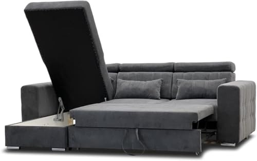 Lucca Corner Sofa Bed with Storage | Grey Fabric L-Shape Sleeper Sofa, Pull-Out Bed | Lift-Up Ottoman Storage | Modern Living Room Couch (Left Hand)