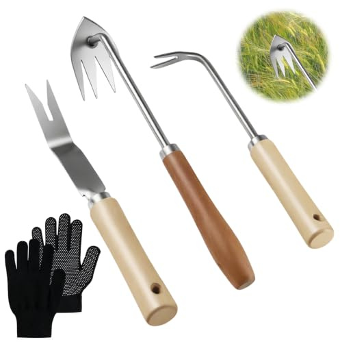 Ogrässkärare, set i 4 delar med handskar, ogräsborttagare av rostfritt stål med trähandtag, ogräsborttagare med V-blad, krokfräs och 4 pinnar rotjägare, trädgårdsverktyg för ogräsborttagning