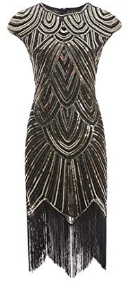 shoperama 20er Jahre Charleston Kleid Pailletten Fransen Flapper Gatsby 20's Fransenkleid Damen-Kostüm, Größe:M, Farbe:Schwarz/Gold